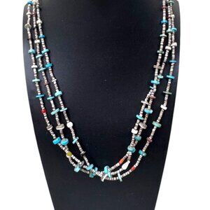 Vintage Navajo Triple Strand Heishi Beaded Necklace Turquoise Coral Chip 24"